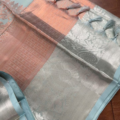 Pastel Blue Kanchipuram Handloom SILK MARK CERTIFIED Saree with dual zari borders